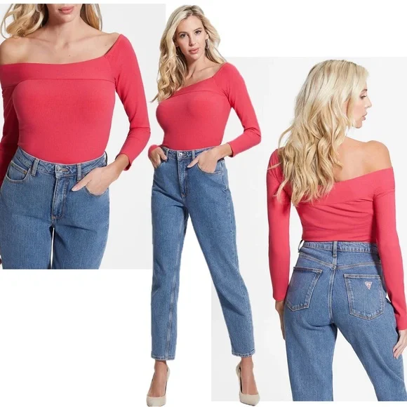 Guess Amelia Off Shoulder Fitted Ribbed Top In Fruit Punch Pink Sz L NWT - Picture 4 of 11
